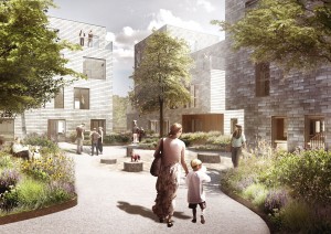Scandi Byg skal levere den seneste version af AlmenBolig+ - riol boligforening i Ørestaden. Animation: ONV Arkitekter 